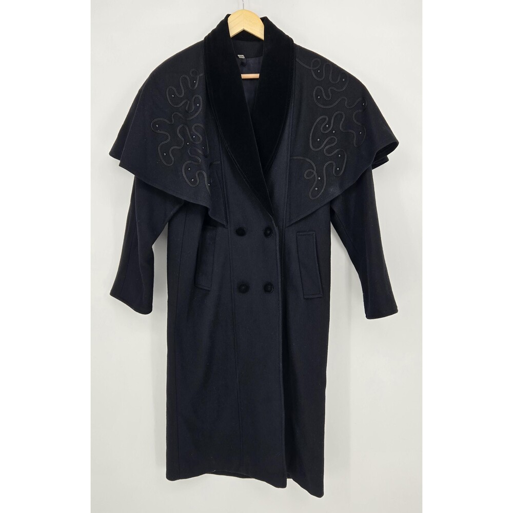 Vintage long black 80% wool double-breasted jacket with embellished‎ capelet